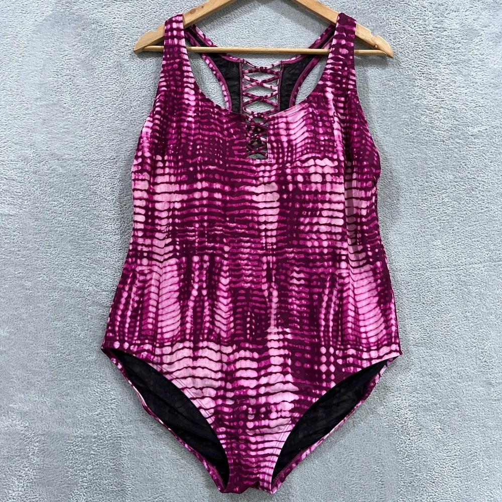 Speedo One Piece Swimsuit Womens 18 Pink Magenta Tie Dye Padded Lattice Back